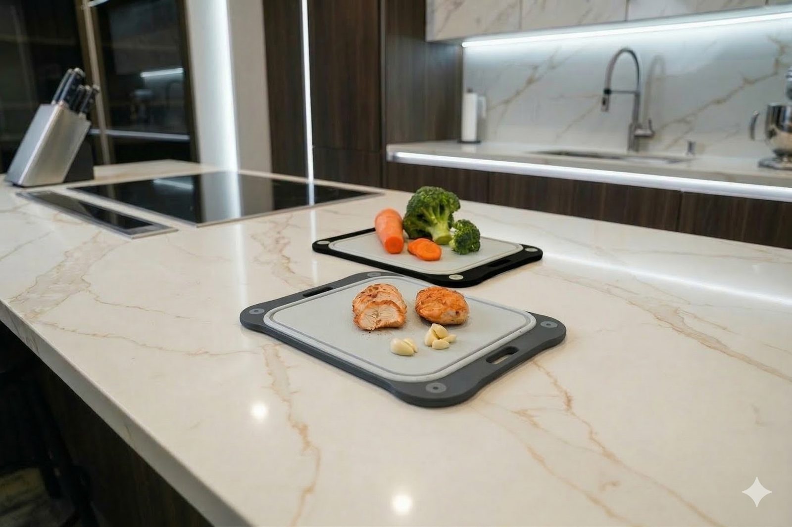 CleanFlip triple-depth juice groove holding liquid during food prep